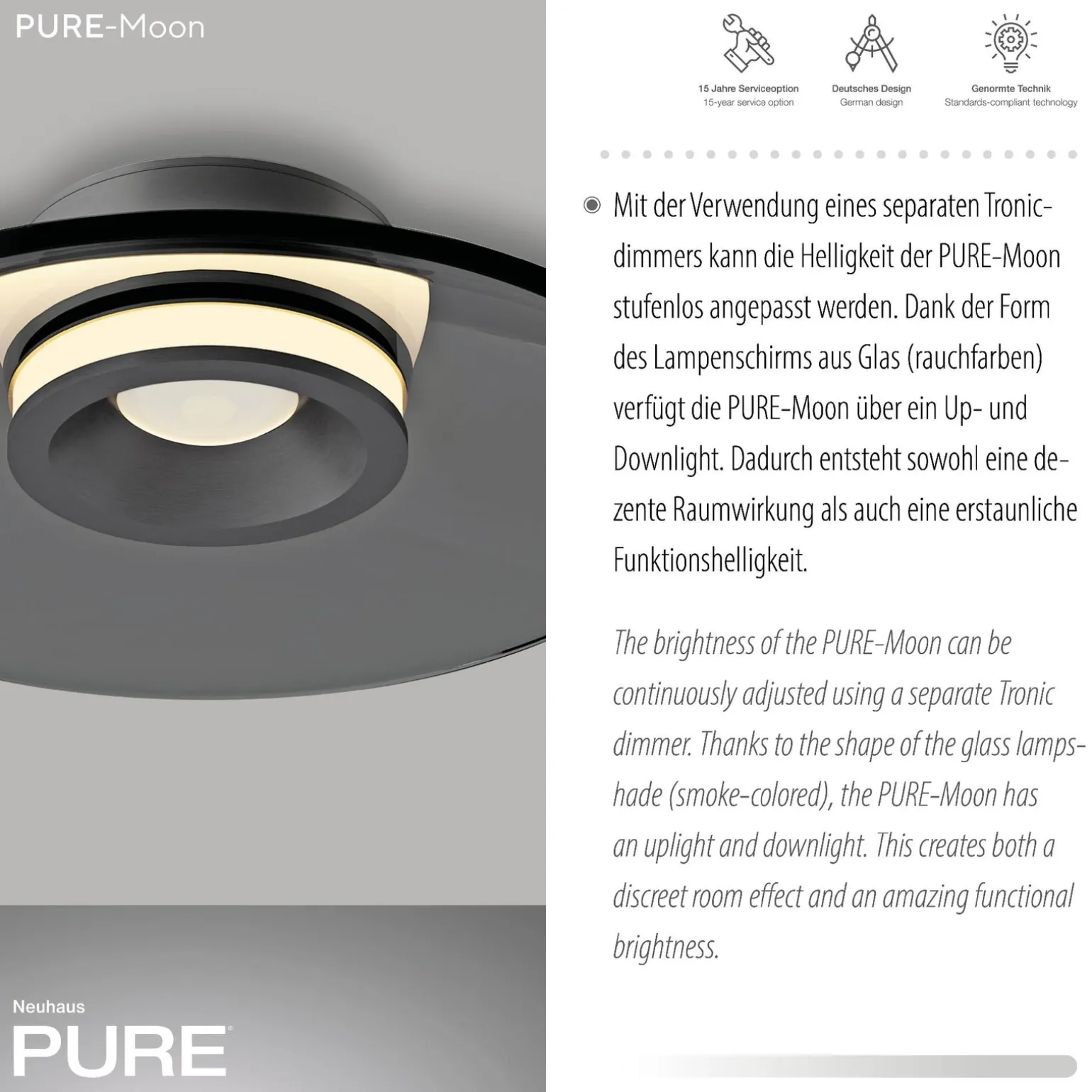 Ściemnialna lampa sufitowa PURE MOON SZARA (6094-15) - Paul Neuhaus