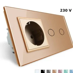 Gniazdo 230V 16A z włącznikiem dotykowym podwójnym z ramką szklaną Złotą (VL-C702EU-63) LIVOLO