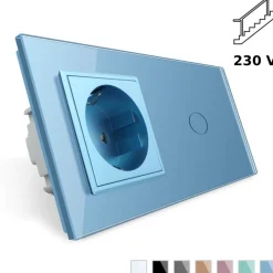 Gniazdo 230V 16A z włącznikiem krzyżowo-schodowym pojedynczym z ramką szklaną niebieską (VL-C701SEU-69) LIVOLO