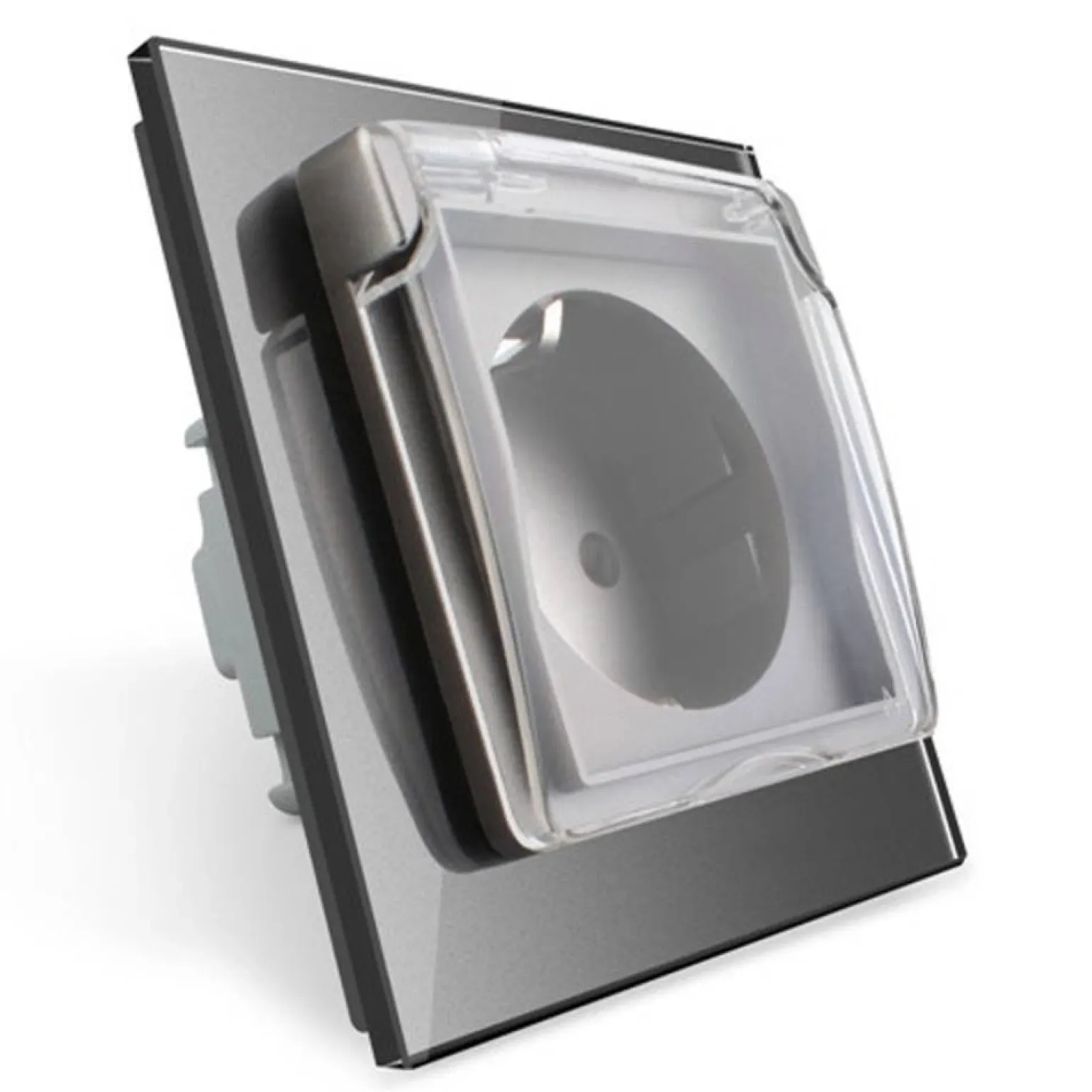 Gniazdo 230V 16A ze srebrnym panelem szklanym i nakładką bryzgoszczelną (VL-W01EUNW-64) LIVOLO