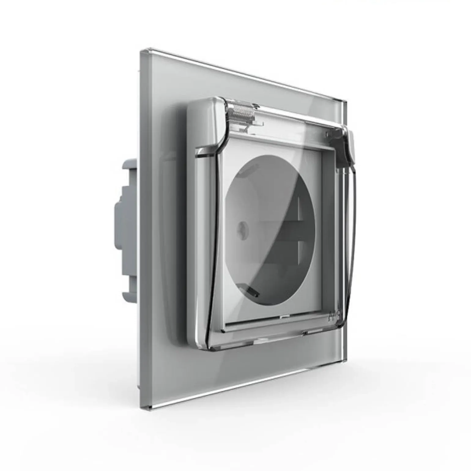 Gniazdo 230V 16A ze srebrnym panelem szklanym i nakładką bryzgoszczelną (VL-W01EUNW-64) LIVOLO