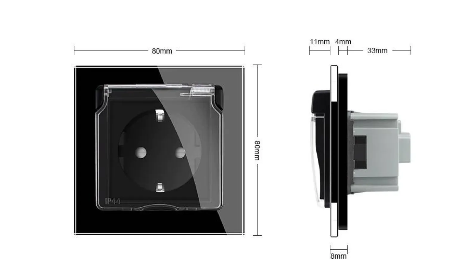Gniazdo 230V 16A ze srebrnym panelem szklanym i nakładką bryzgoszczelną (VL-W01EUNW-64) LIVOLO