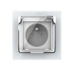 Gniazdo z bolcem 230V 16A z białym panelem szklanym i nakładką bryzgoszczelną (VL-W01FRNW-61) LIVOLO