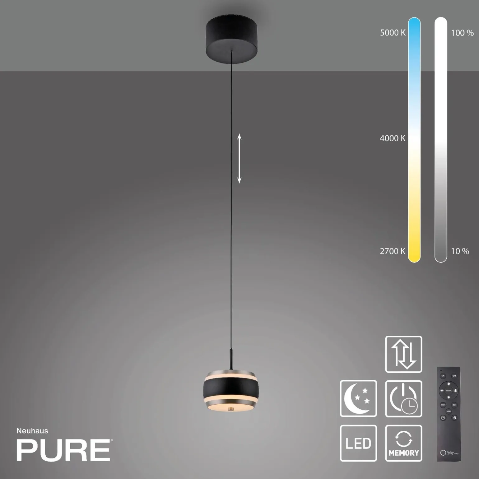 Lampa na pilota, z regulacją światła i wysokości PURE FALLING RINGS CZARNA (2503-18) - Paul Neuhaus