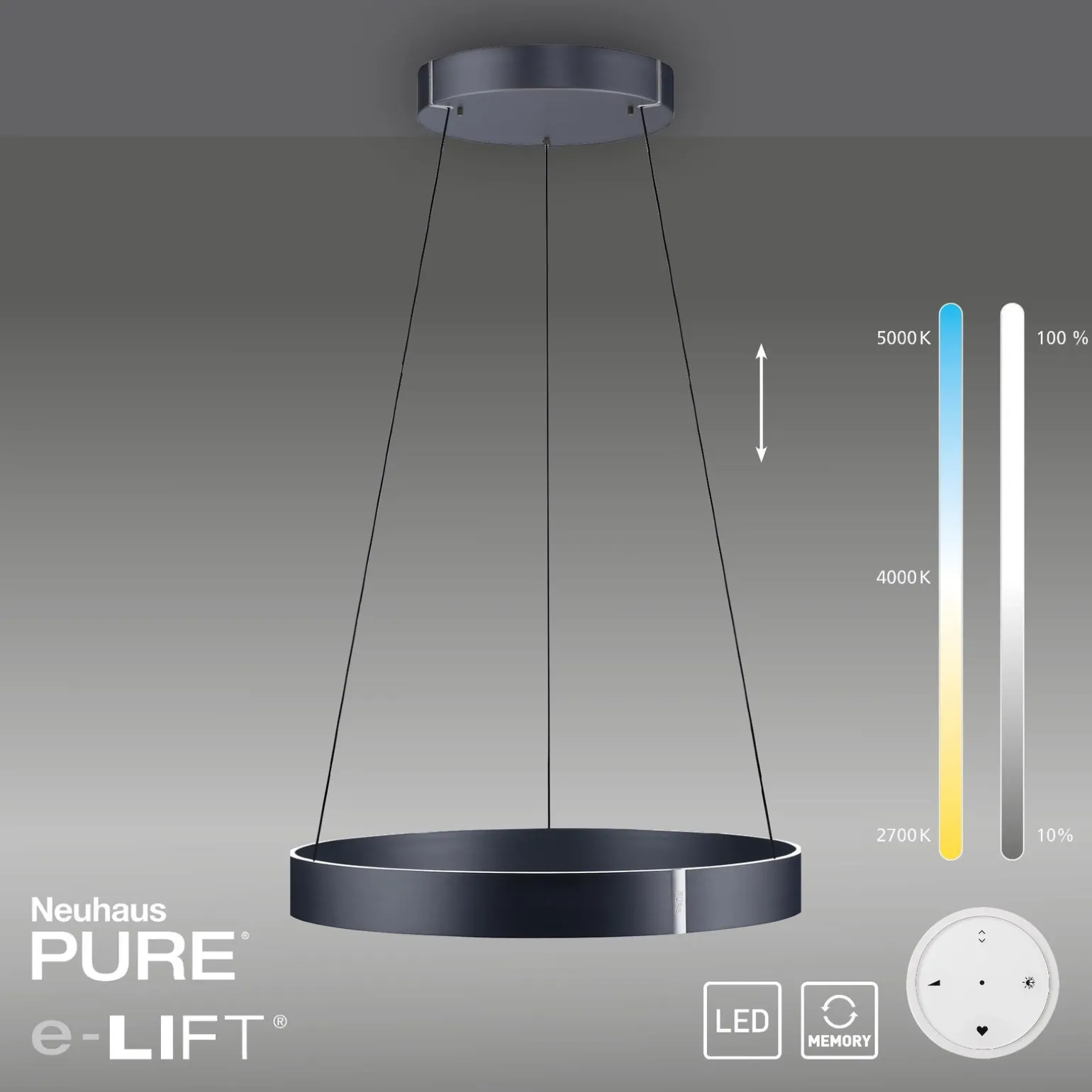 Lampa wisząca z płynną regulacją wysokości PURE E-CLIPSE SZARY (2561-15) - Paul Neuhaus