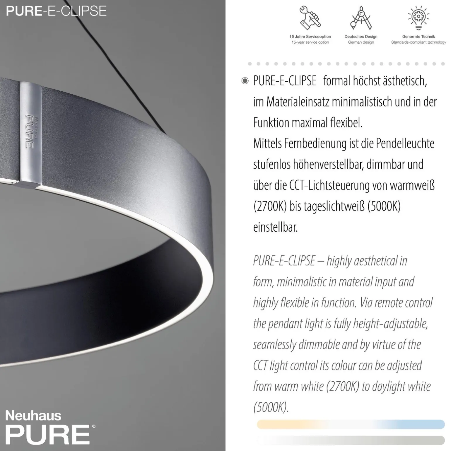 Lampa wisząca z płynną regulacją wysokości PURE E-CLIPSE SZARY (2561-15) - Paul Neuhaus