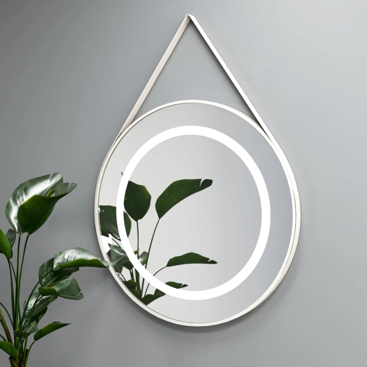 Lustro okrągłe STILO w ramie z oświetleniem LED na skórzanym pasku - MCJ