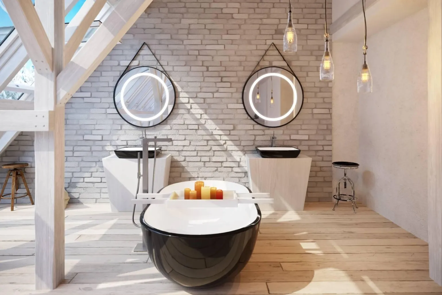 Lustro okrągłe STILO w ramie z oświetleniem LED na skórzanym pasku - MCJ