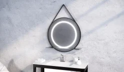 Lustro okrągłe STILO w ramie z oświetleniem LED na skórzanym pasku - MCJ