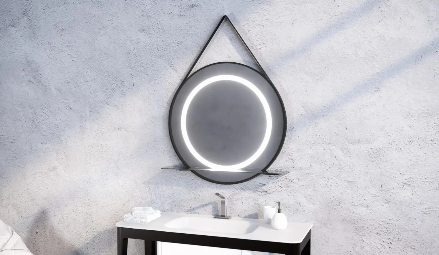 Lustro okrągłe STILO w ramie z oświetleniem LED na skórzanym pasku - MCJ