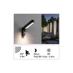 Oprawa elewacyjna ITO pionowy IP44 7W 3000K czujnik PIR + zmierzchu 230V antracyt (PL94549) - PAULMANN