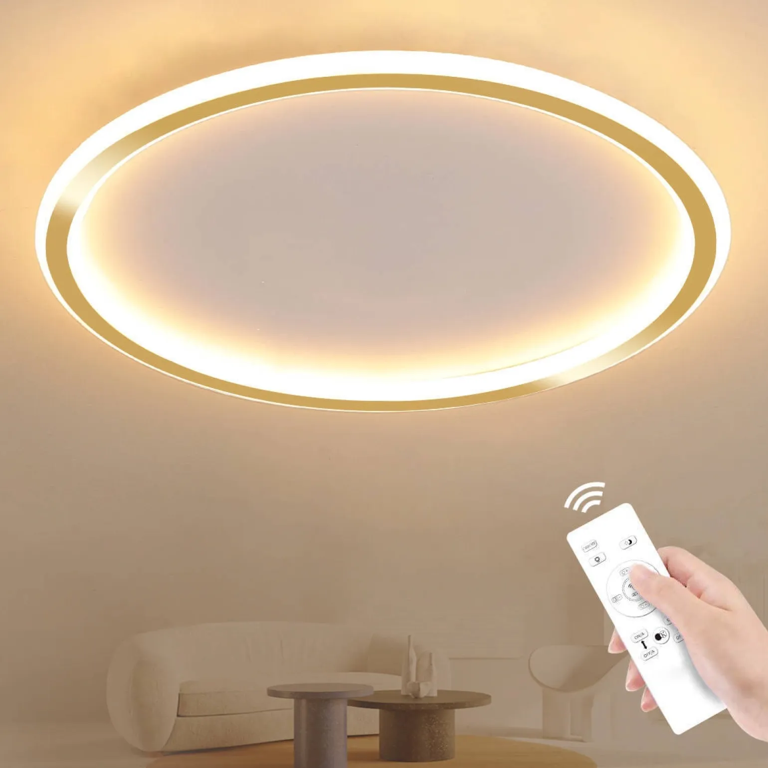 Plafon LED okrągły Złoty 500*45mm 36W - trzy barwy, ściemnialny - Pilot (Abigali-MD1803-R50-Y-G)