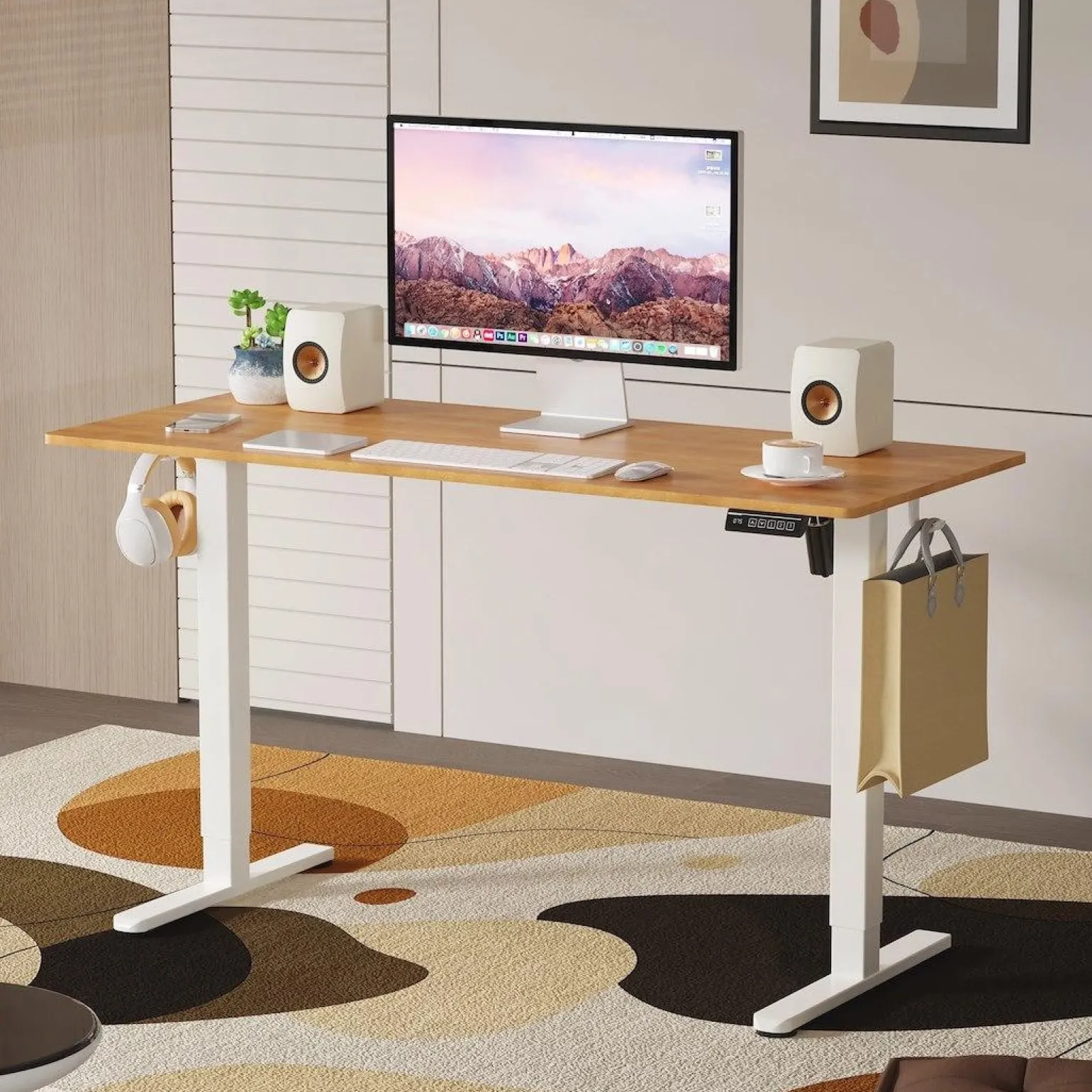 Regulowane biurko gamingowe Control Lite 140 Biały/Drewno (LV1718) - LVN SYSTEM