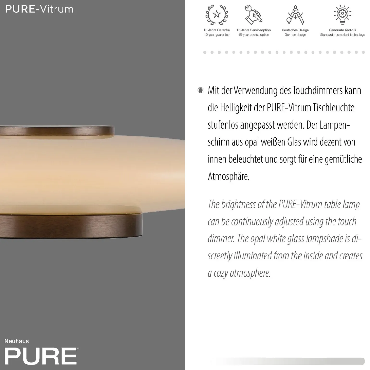 Szklana stołowa lampa z dotykowym ściemniaczem PURE VITRUM Brązowa (4080-34) - Paul Neuhaus