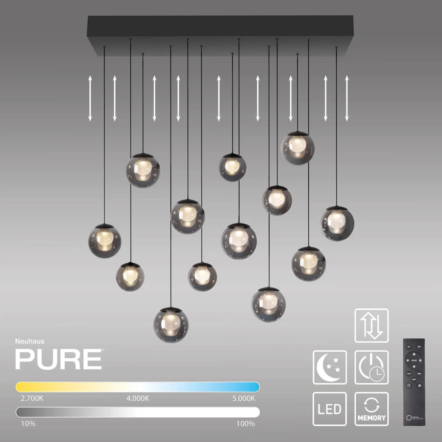 Wisząca lampa na pilota, z regulacją światła i wysokości PURE POPUP SZARA (2590-15) - Paul Neuhaus