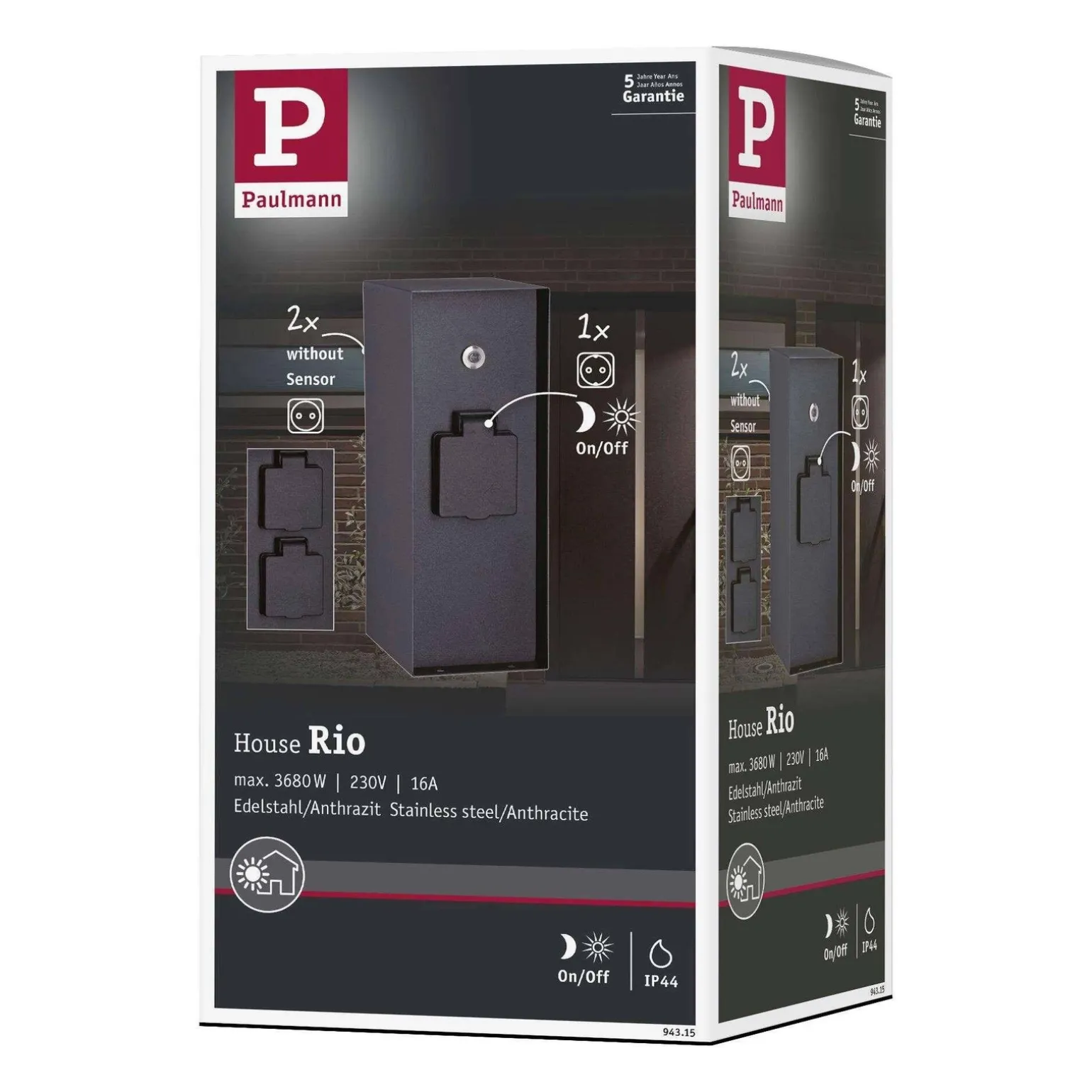 Zewnętrzna kolumna zasilająca RIO 3GN. 230V + czujnik zmierzchu 230V IP44 stal szlachetna / antracyt (PL94315) - PAULMANN