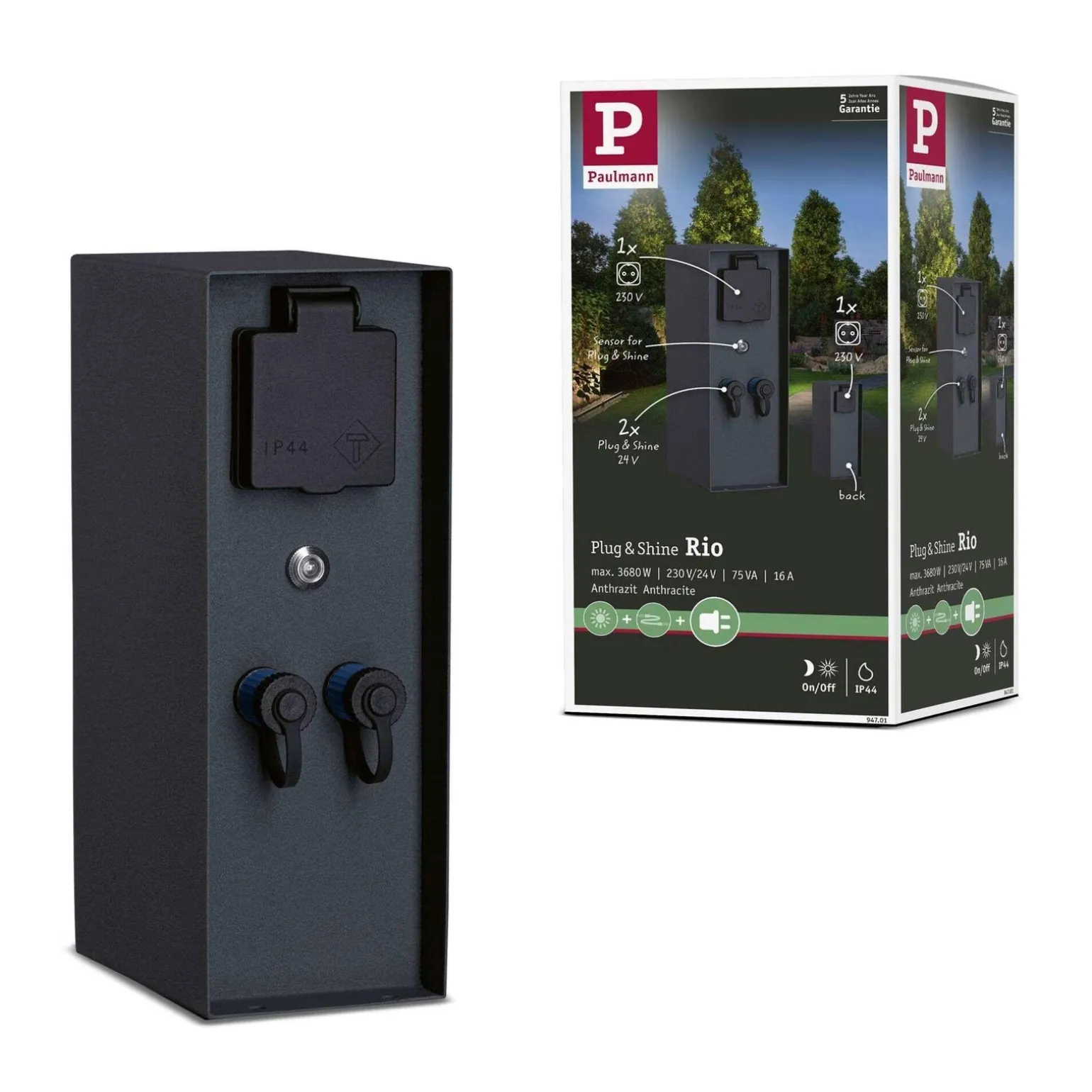 Zewnętrzna kolumna zasilająca RIO 2GN. 24V Plug & Shine + 2GN. 230V IP44 + czujnik zmierzchu stal szlachetna / antracyt (PL94701) - PAULMANN