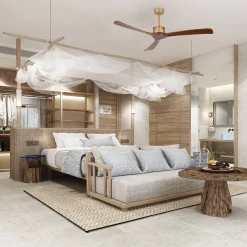 Złoty wentylator sufitowy z solidnym orzechowym wykończeniem (23002 Zambelis)